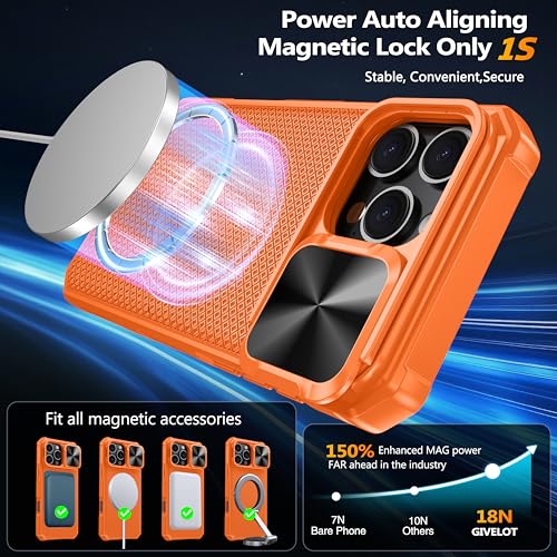 Image of Magnetic for iPhone 16 Pro Case [Slide Camera Cover] [Compatible with Magsafe] [Kickstand] [Military Grade Protection] Shockproof Rugged Case for iPhone 16 Pro,Orange
