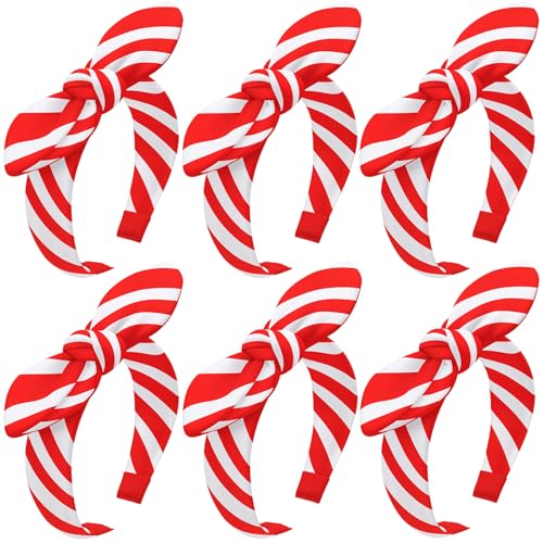 Suncalla 6 Pcs Christmas Headbands for Women Candy Knotted Striped Headband Rabbit Ear Hairband for Women and Girl Hair Accessories (Red,White)