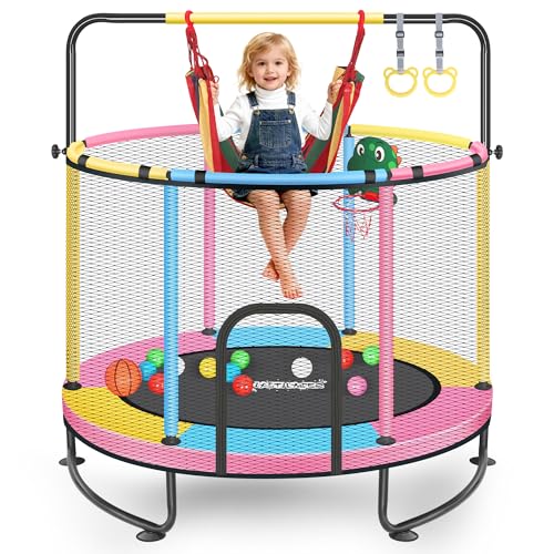 LASTJUMPER Kids Trampoline for Toddlers & Babies, Indoor Outdoor Portable Mini Activity Center with Safety Net, Basketball Hoop, Adjustable Gymnastics Bar & Swing, Gifts for Boys Girls Age 1-12