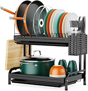 iSPECLE 2 Tier Dish Drainer, Kitchen Draining Board Rack,Drainer Rack With Pot Holder For Kitchen Counter Saving Space Black