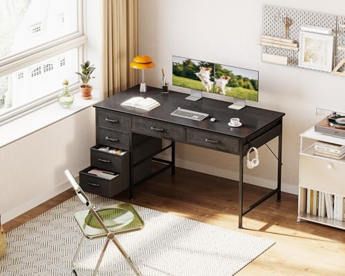 Image of ODK Computer Desk with 6 Drawers, 48 Inch Office Desk with Storage, Reversible Desk with Headphone Hook for Home Office, Work Study Table for Bedroom, Black