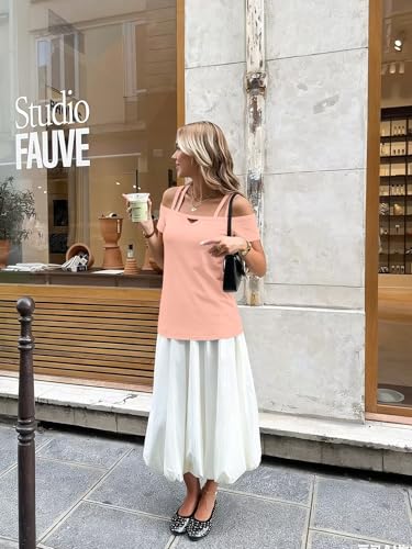Image of Bliwov Womens Cold Shoulder Tops Short Sleeve Cute Sexy Summer Spring Beach Vacation T Shirts Fashion Outfits Basic Clothes