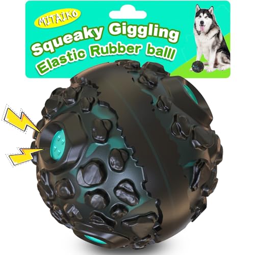 MITAIKO Dog Toy Ball for Aggressive Chewers, Interactive Fetch Dog Ball with Fun Squeaky Wobble Giggle Sound, Durable for Small Medium Large Dogs, Non-Toxic Rubber Pet Chew Toys, Black & Lake Blue