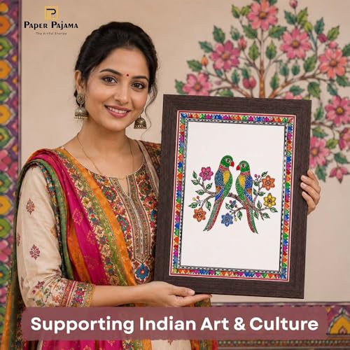 Image of PAPER PAJAMA Madhubani Love Birds Wall Art for Living Room | Parrot Couple Folk Art Painting | Traditional Mithila Framed Decor for Home, Bedroom & Office (10x13 Inches)