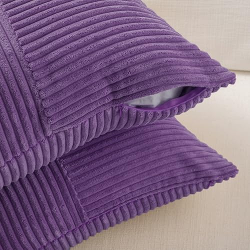 Image of Fancy Homi Set of 2, Purple Patchwork Corduroy Decorative Soft Striped Modern Accent Cushion Case Farmhouse Boho Neutral Throw Pillow Covers for Chair Couch Bed Sofa Living Room 28x20 Inch