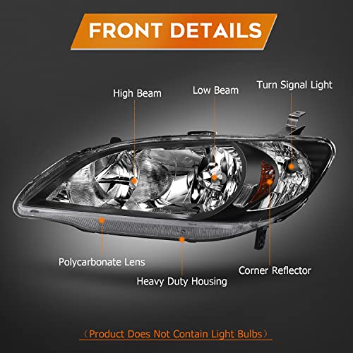 Lbrst Headlight Assembly For Honda Civic 2004-2005 Black Housing Amber Reflector Clear Lens Driver And Passenger Side Headlamp #TOP1