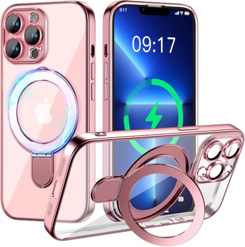 Image of Magnetic for iPhone 13 Pro Case with Invisible Stand[Compatible with MagSafe][Full Camera Lens Protector][Military Drop Protection] Shockproof Not Yellowing Clear Soft Slim for Women Men,Pink