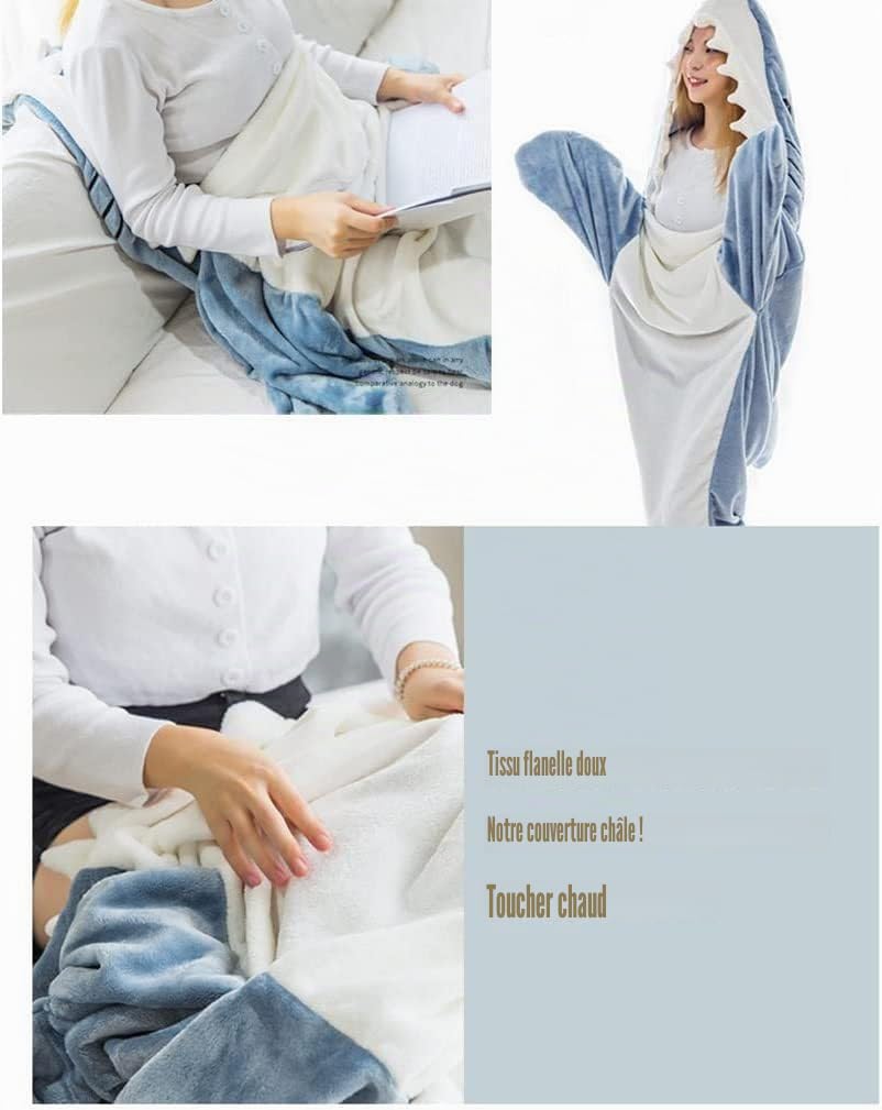 Couverture à capuche en flanelle avec motif queue de requin pour adulte - Sac de couchage en polaire super douce - Costume de cosplay pour adulte