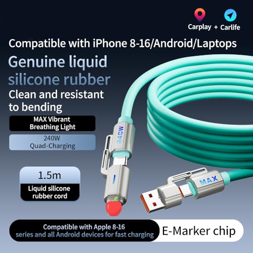 Image of Mizi 4-in-1 USB C to Charging Cable 5FT - 240W Multi-Port Cable with LED Light, USB A /C to C /for iPhone /MacBook /iPad /Samsung /Switch 2, Multi Chargers for All Devices - Blue