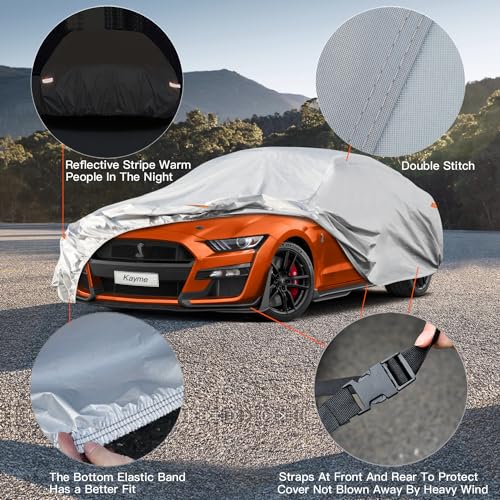 Image of Kayme 6 Layers Car Cover Waterproof All Weather for Automobiles, Outdoor Full Cover Rain Sun UV Protection, Universal Fit for Ford Shelby, Chevy Camaro Corvette, Lexus RC LC, Etc. (186-193 inch)