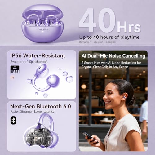 Image of Kinglucky Upgraded Clip-On Earbuds Comfortable fit & Crystal-clear Sound, 40H Playtime Open Ear Buds Bluetooth 6.0 Wireless Headphones for Women Ideal for Small Ears, Sports & Workouts, Glasses Purple