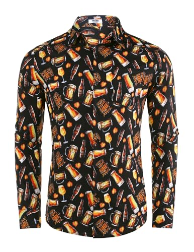 COOFANDY Oktoberfest Hemd Herren Bierfest Oberteil Oktoberfest Herren Outfit Lustige Print Hemden Festhemd Langarmhemd Freizeithemd mit Bier Aufdruck Münchner Hemd Schwarz S