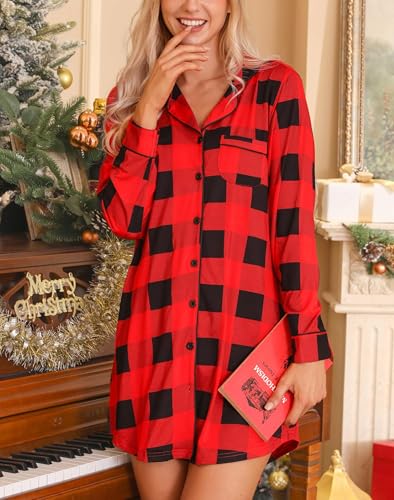 Image of Samring Nightgown for Women Long Sleeve Button Down Night Gown Boyfriend Nightdress Sleep Shirts