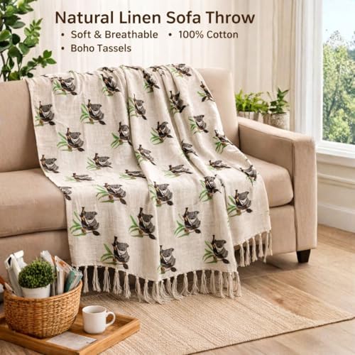 Image of Handblock Printed 100% Cotton 50x70 Inch Sofa Throw for Couch Breathable Lightweight & Decorative Living Room Blanket (Koala with Plant Print)
