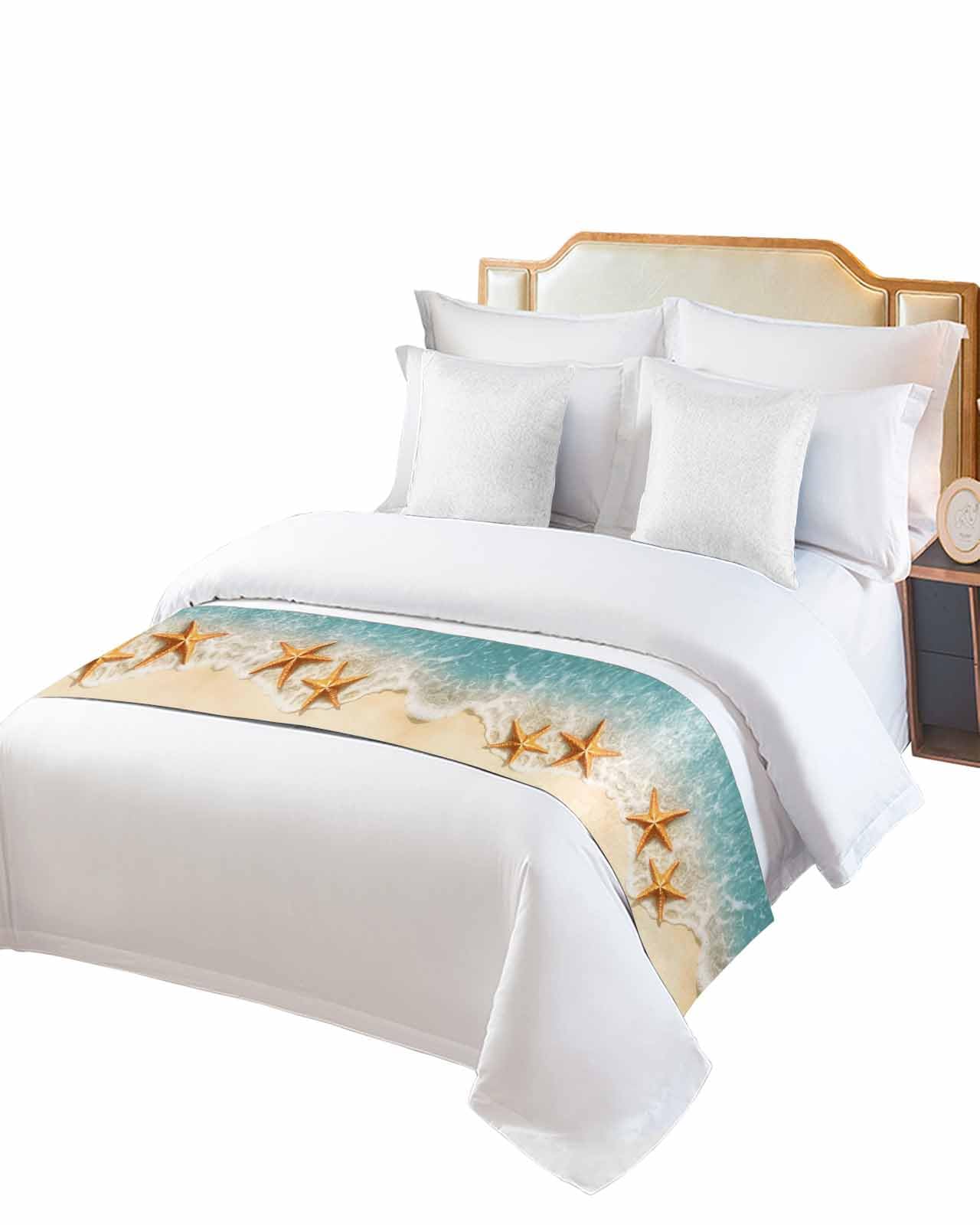 Yukro Bed Runner Scarf, Teal Beach Orange Starfish Summer Seaside Coastal Full Bed Scarf Runner, No Fading Decorative Bedding Scarf for Bedroom Hotels Homes and Guestrooms