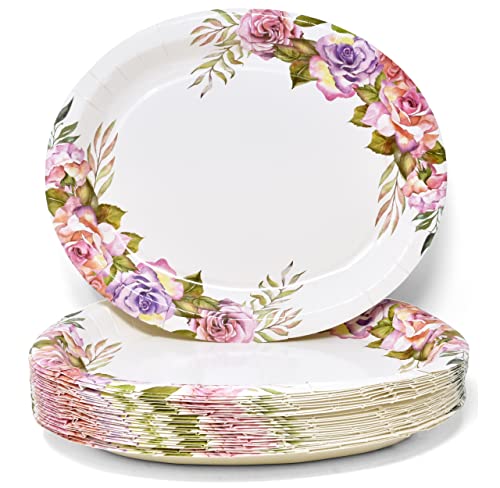 50 Count Floral Oval Paper Plates 10" X 12" Large Disposable Platters Party Goods Set Pink & Purple Flower Design Serving Dish Tray For Spring Holiday Dinner Wedding Tea Party Tableware Supplies Decor #TOP1