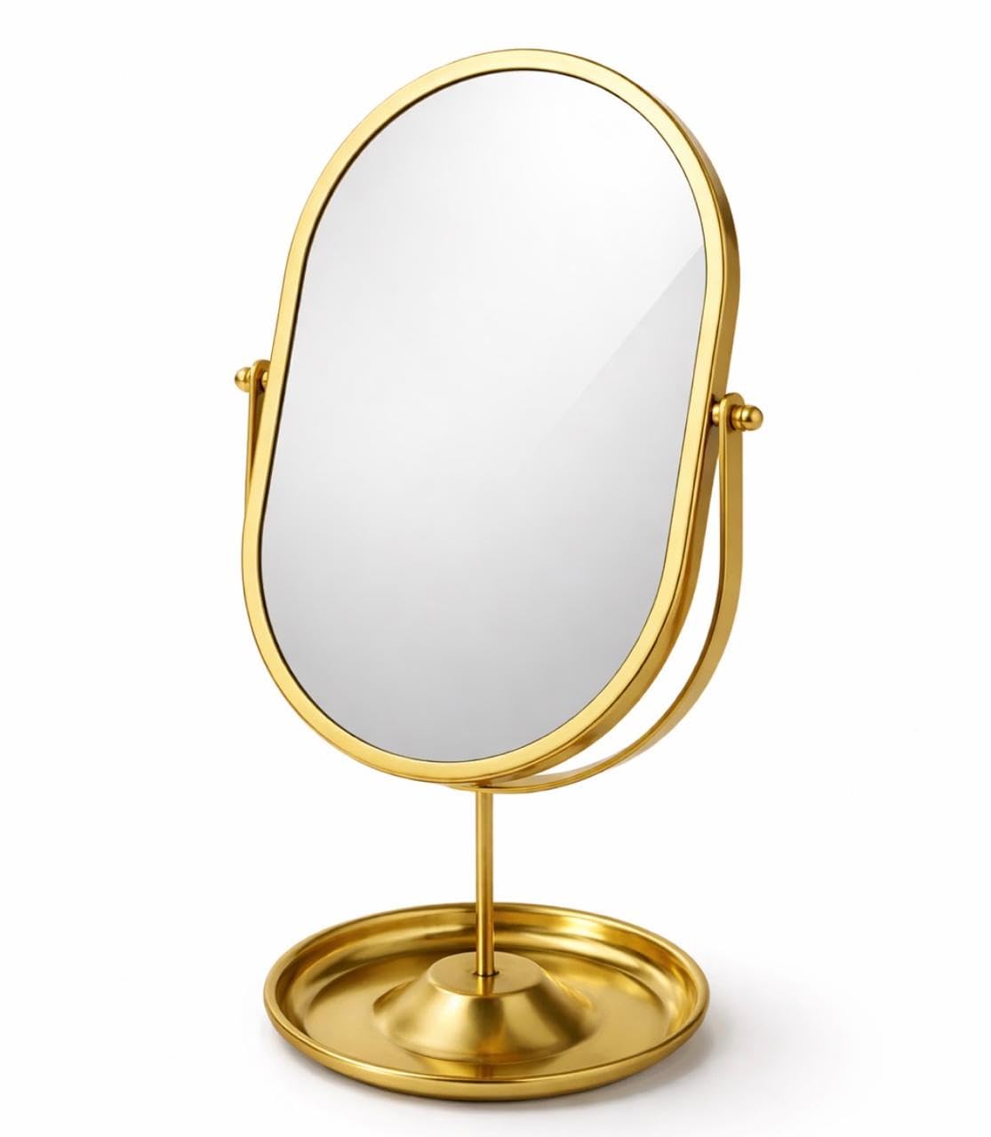 CHIBRO One-Sided Oval Makeup Mirror with Storage Tray | 360° Rotating Vanity Tabletop Mirror with Metal Frame | Black Dressing Table Mirror for Home, Bathroom (Golden)