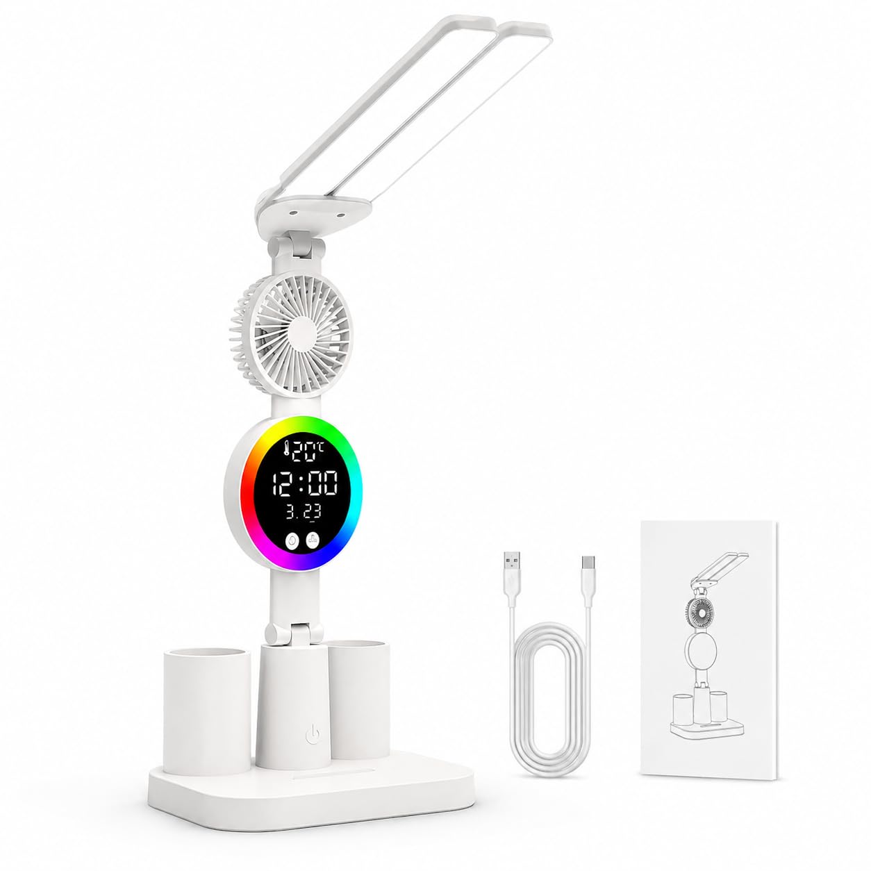 Lampe de bureau LED, lampe d'étude à double tête avec ventilateur