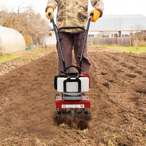 Tiller for gardening, Mini Tiller Cultivator, Powerful 52cc 2-stroke single-cylinder air-cooled gasoline engine Tiller cultivator, Gear Drive Transmission, Height Adjustable Wheels, 6500-7000r/min