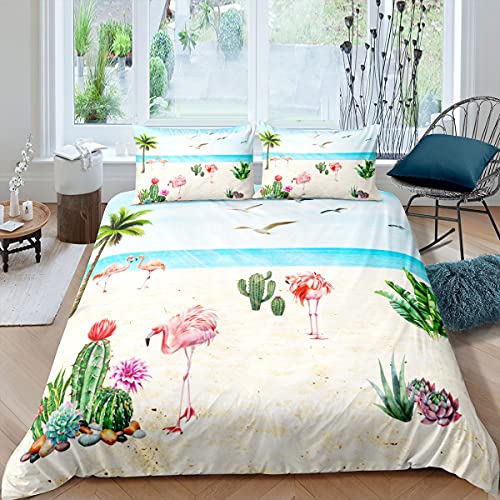 Erosebridal Flamingo Comforter Cover Set, Palm Tree Duvet Cover King Size, Hawaiian Ocean Beach Bedding Set, Cactus Bedspread Cover For Kids Boys Girls, Coastal Nature Theme Duvet Cover #TOP8
