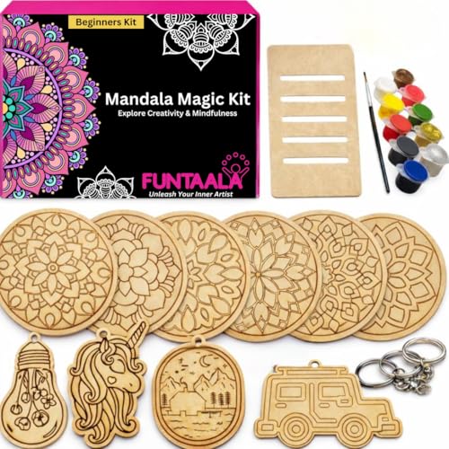 Image of Funtaala Wooden Mandala Paint Kit Tea Coasters Art and Craft Kit | DIY Coaster Painting Set with Colours and Brush | Gift for Girls and Boys Ages 9-15 | Mandala Art Coasters