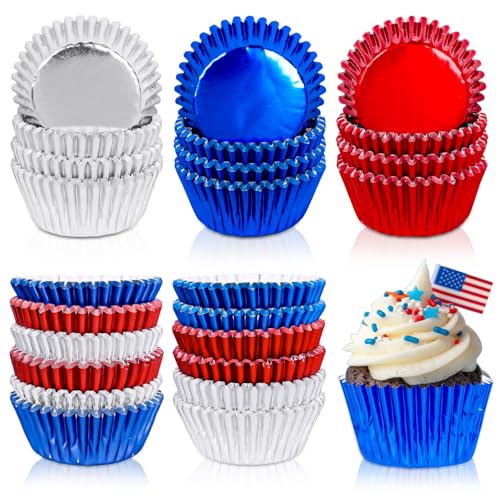 Whaline 450Pcs Patriotic July 4th Foil Cupcake Liners Independence Day Baking Cups Red Blue Silver Foil Metallic Cupcake Wrappers for Party Supplies