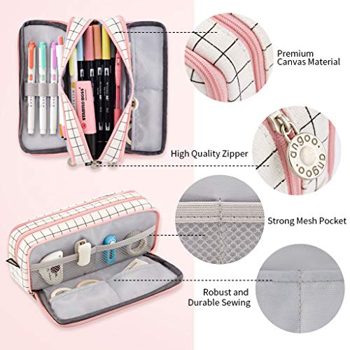 Angoobaby Large Pencil Case Big Capacity 3 Compartments Canvas Pencil Pouch For Teen Boys Girls School Students (Pink Strip Black Grid) #TOP1