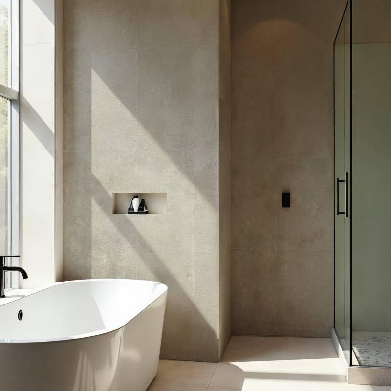 DECOON - Paquete de 8 paneles murales para ducha - Paneles de pared para baño - Fácil y rápido de instalar, impermeable, sin juntas - Recubrimientos en SPC - Efecto decorativo de piedra beige