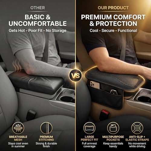 Image of DETACHI Car Center Console Armrest Cover Pad, PU Leather Mesh Armrest Cushion,Universal Fit for SUV /Truck /Car, Console Box Cover With 2 Mobile Pockets, Breathable Mesh Fabric Mat-(Black, 31X18X2CM)