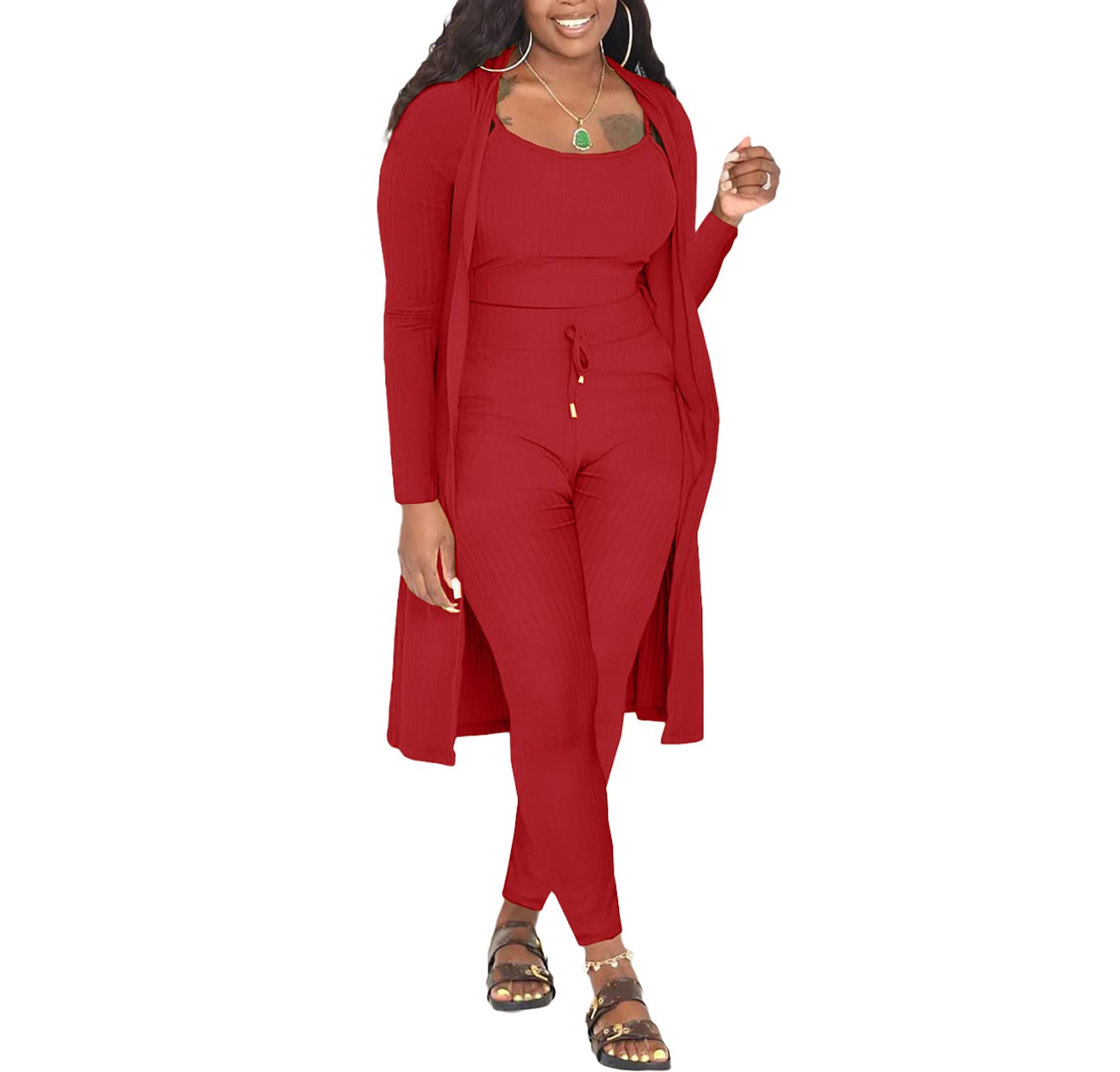 Vssjavun Conjunto de 3 piezas para mujer, acanalado, sin mangas, cárdigan largo, ombliguera, camiseta sin mangas, pantalones cortos, conjunto de sudadera, Rojo04, S