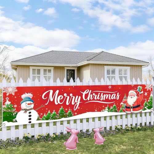Image of Snowman and Santa Outdoor Banner 78.7 x 17.7 Inch Red Background with Snowflakes and Christmas Trees Festive Holiday Decoration for Yard Garden Fence Porch or Patio Display