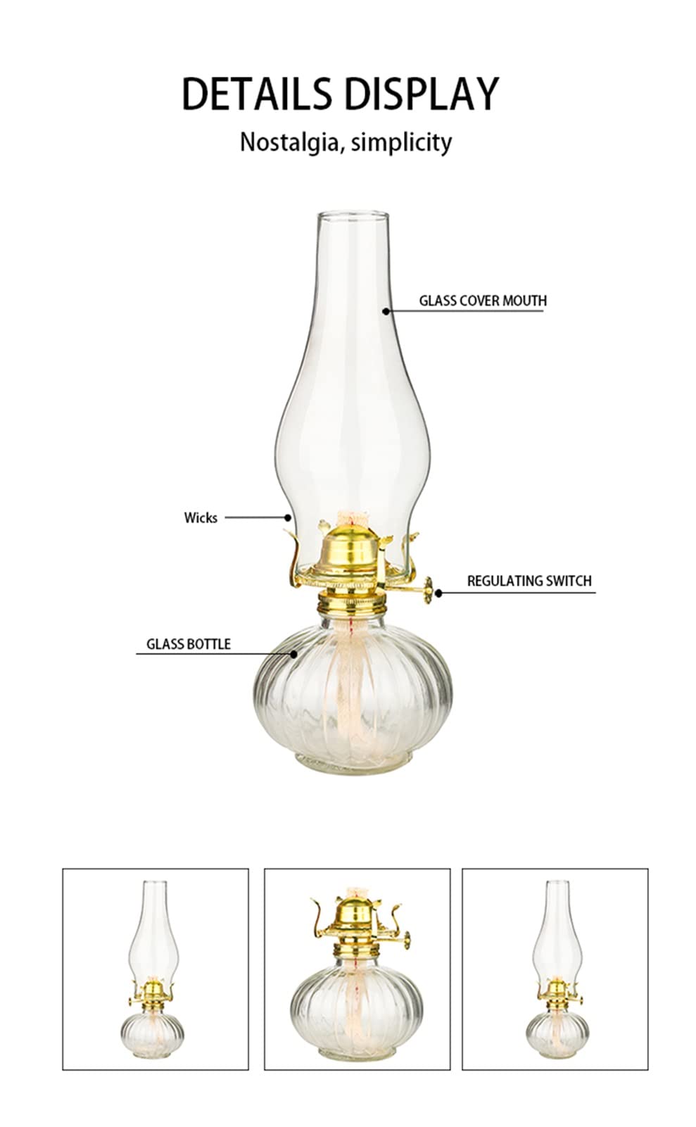 Große Kammer Öllampe – Vintage Glas Kerosin Laterne für den Innenbereich