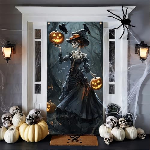 Image of BlissYard Skeleton Witch Door Cover Halloween Decorations 35x71 Inch Gothic Pumpkin Lady Banner Spooky Halloween Door Decor for Haunted House Wall Prop Indoor Party Backdrop
