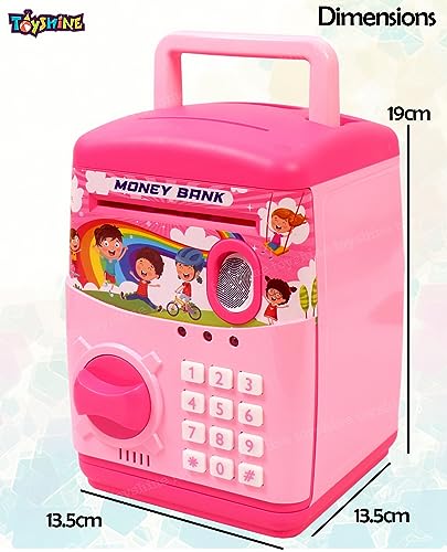 Toyshine Money Safe Kids with Finger Print Sensor Piggy Savings classic bank with Electronic Lock, Pink Without Battery
