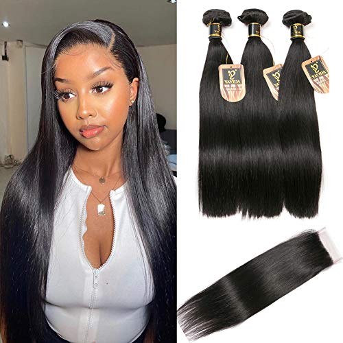 Remy Human Hair Bundles with Closure Yavida Brazilian Hair Straight Weave Bundles with Closure Natural Color 18 20 22+16