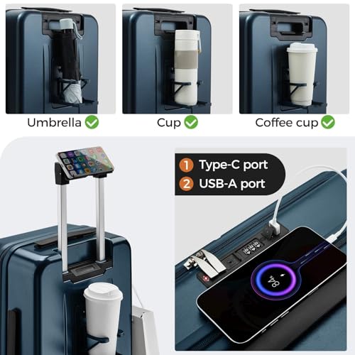 Image of Carry On Luggage Top Opening with Cup Holder & Phone Holder, Expandable PC Hard Shell Suitcase, USB Charging Port, Side Hook, 360 Spinner Wheels, TSA Lock & YKK Zippers for Fathers Day Gift