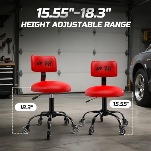 Image of Rolling Shop Stool with Wheels, Mechanic Garage Short Stool Chair with Adjustable Height 15.55 inch-18.3 inch, Heavy Duty Swivel Roller Seat for Garage, Salon and Tattoo Beauty, Red
