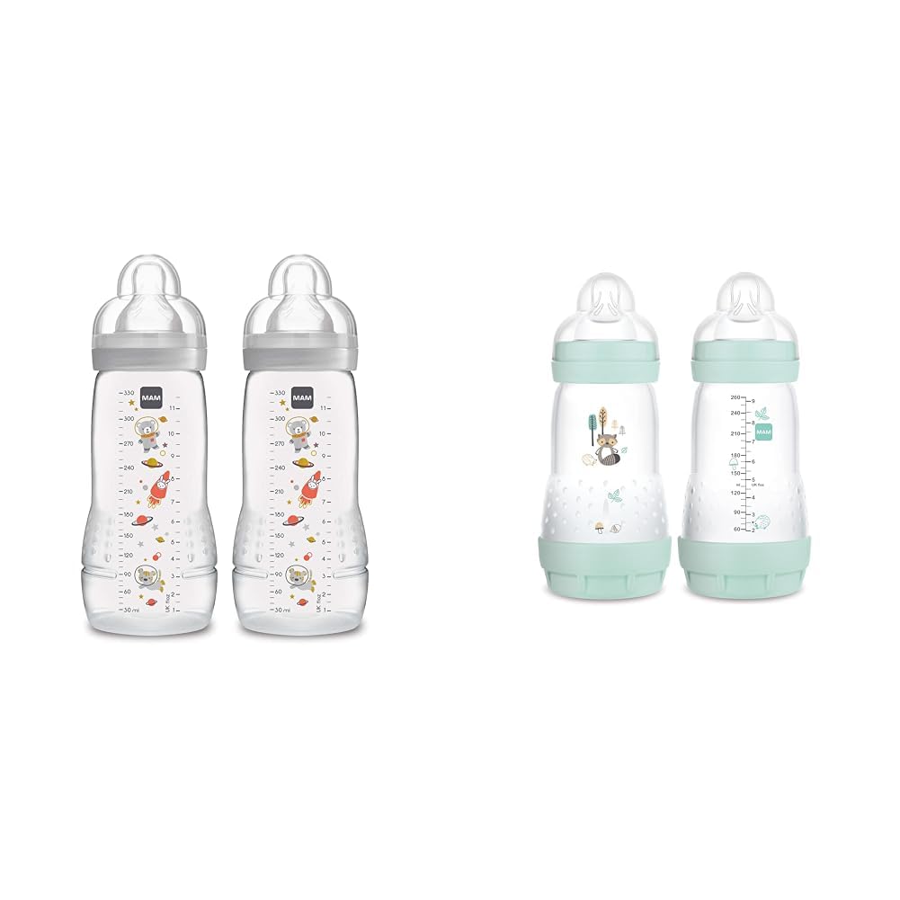 MAM Easy Active 11 oz & Matte Easy Start 9 oz Anti-Colic Baby Bottles, Fast & Medium Flow Nipples (2-Count)