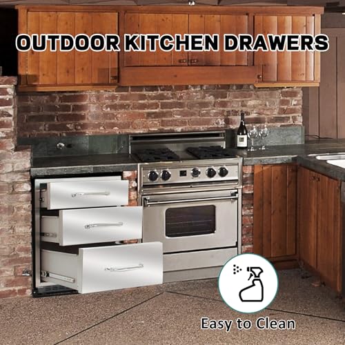 Image of Outdoor Kitchen Drawers 20 inch W x 27 inch H x 23 inch D Stainless Steel Drawer BBQ Triple Drawers with Chrome Handle for Outdoor Kitchen Island, Patio Grill Station