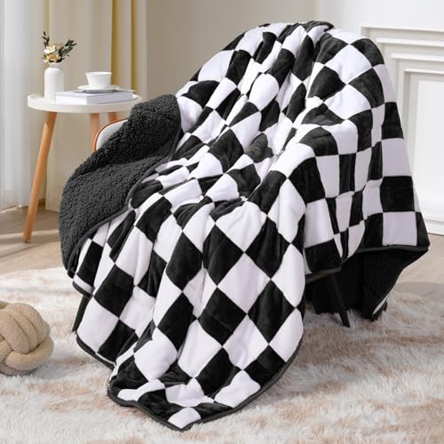 Image of Weighted Blanket for Adults, 10lbs Sherpa Flannel Weighted Blanket Full Size, Soft Fluffy Fleece Checkerboard Weighted Blankets for Calming and Relax, Plaid Black, 48 inch x 72 inch