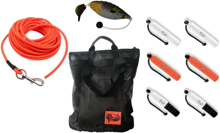 Dog Training Kit - Ultimate Greenwinged Teal with (6 Pack) 2" Tri-Color Plastic Bumpers + Mesh Bumper Bag + 30' HEU Ruff-Cord