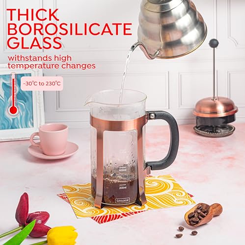 Image of Sipologie Vintage Copper French Press Coffee Maker 1000ml, Copper, 4-Level Filtration, Heat Resistant Borosilicate Glass, Stainless Steel Housing, Measurement Marking, Coffee Spoon, Extra Filter Mesh