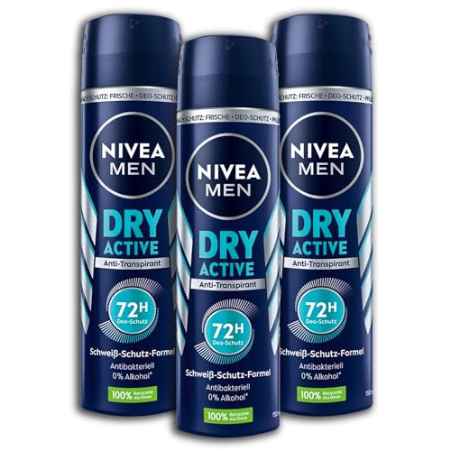 Desodorante en spray NIVEA Men Dry Active antitranspirante, 3 unidades de 150 ml, 3 unidades