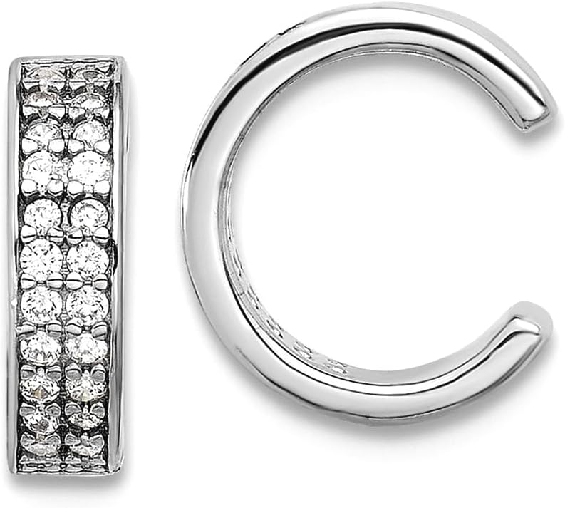925 Sterling Silver Rhodium Plated Cubic Zirconia Pair Of 2 Ear Cuffs 10.4x9.2mm Wide 3mm Thick Ear Cuff for Women