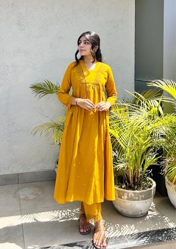 Image of MOKOSH Women's Cotton Kurta with Pant | Kurta Set | V Neck 3 /4 Sleeve Ethnic Suit | 2 Piece Outfit | Indian Kurta Outfit With Pant