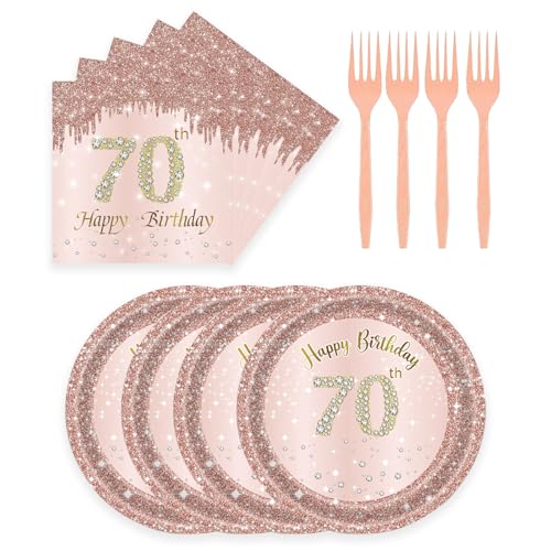 72 Pcs 70th Birthday Paper Plates and Napkins Party Supplies Rose Gold 70th Birthday Party Plates and Napkins Tableware Set for Men Women Cheers to 70 Years Birthday Party Decorations Serves 24