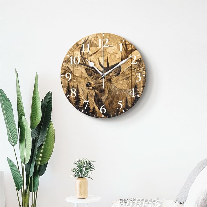 Battery Operated Round Wall Clock Non-Ticking Silent Analog Clcok Decorative for Living Room,Office,Kitchen-Deer with Large Antlers in A Mountainous Landscape(14inch)