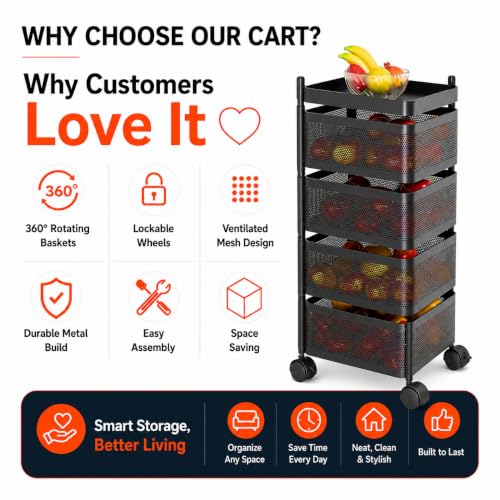 Image of Homeor 4 Layer Kitchen Trolley with Wheels | 360 Rotating Metal Storage Rack for Vegetables, Fruits, Onion & Spices | Square Multipurpose Kitchen Organizer Stand | Metal Kitchen Trolley, Matte Black