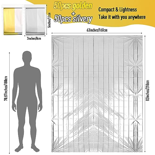 Kanayu 100 Pack Emergency Foil Thermal Blankets for Survival 82 x 63 Foil Space Blanket Kit for Outdoors Camping Hiking Homeless Survival or First Aid, 50 Pcs Golden 50 Pcs Silver - Image 3