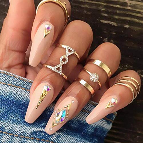 Missgrace Vintage Boho Rings Crystal Rhinestones Joint Knuckle Stackable Ring Set with Cresent Punk Snake Stacking Midi Finger Rings for Women and Girls (Style 3)